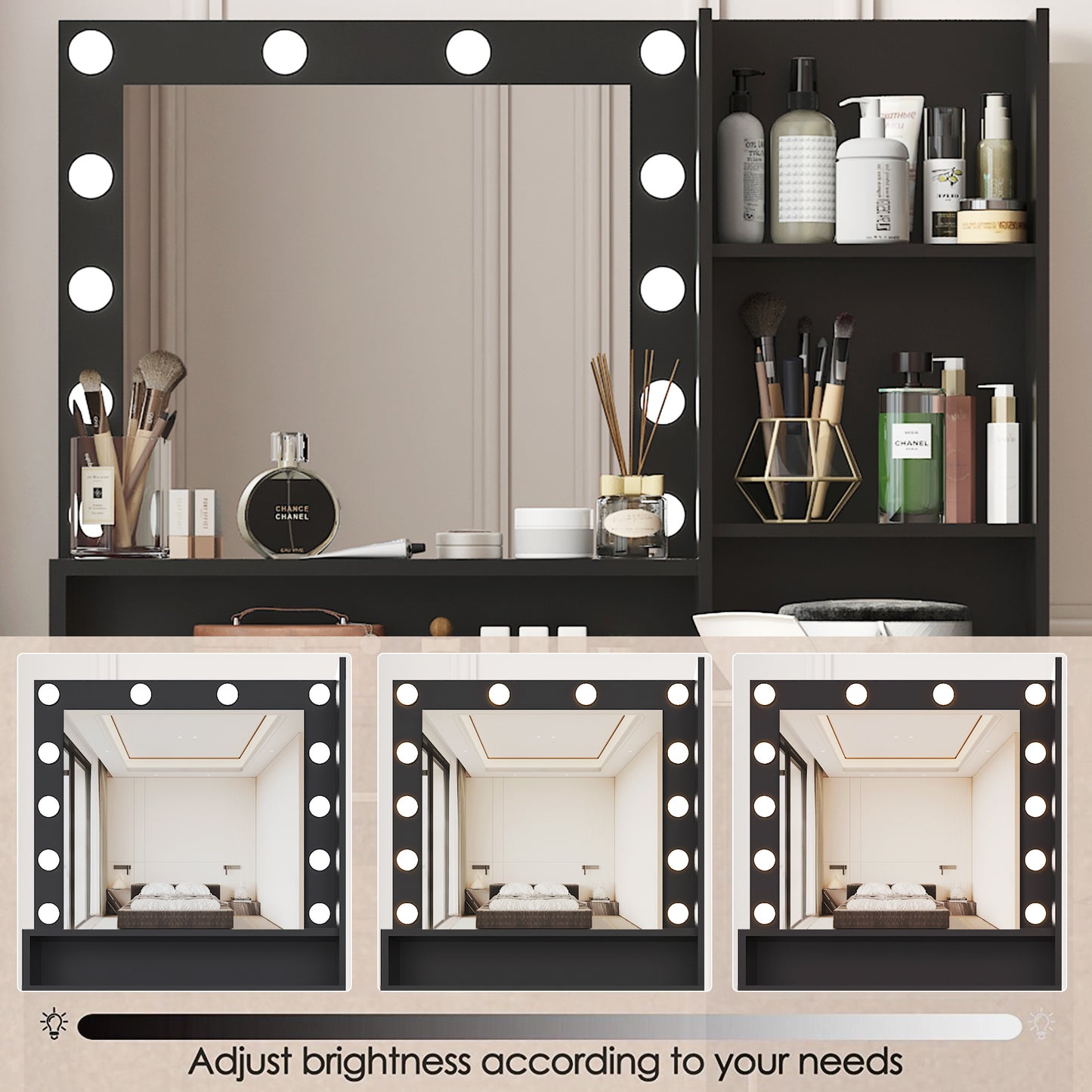 Vez Vanity Desk with Mirror & Light - Black