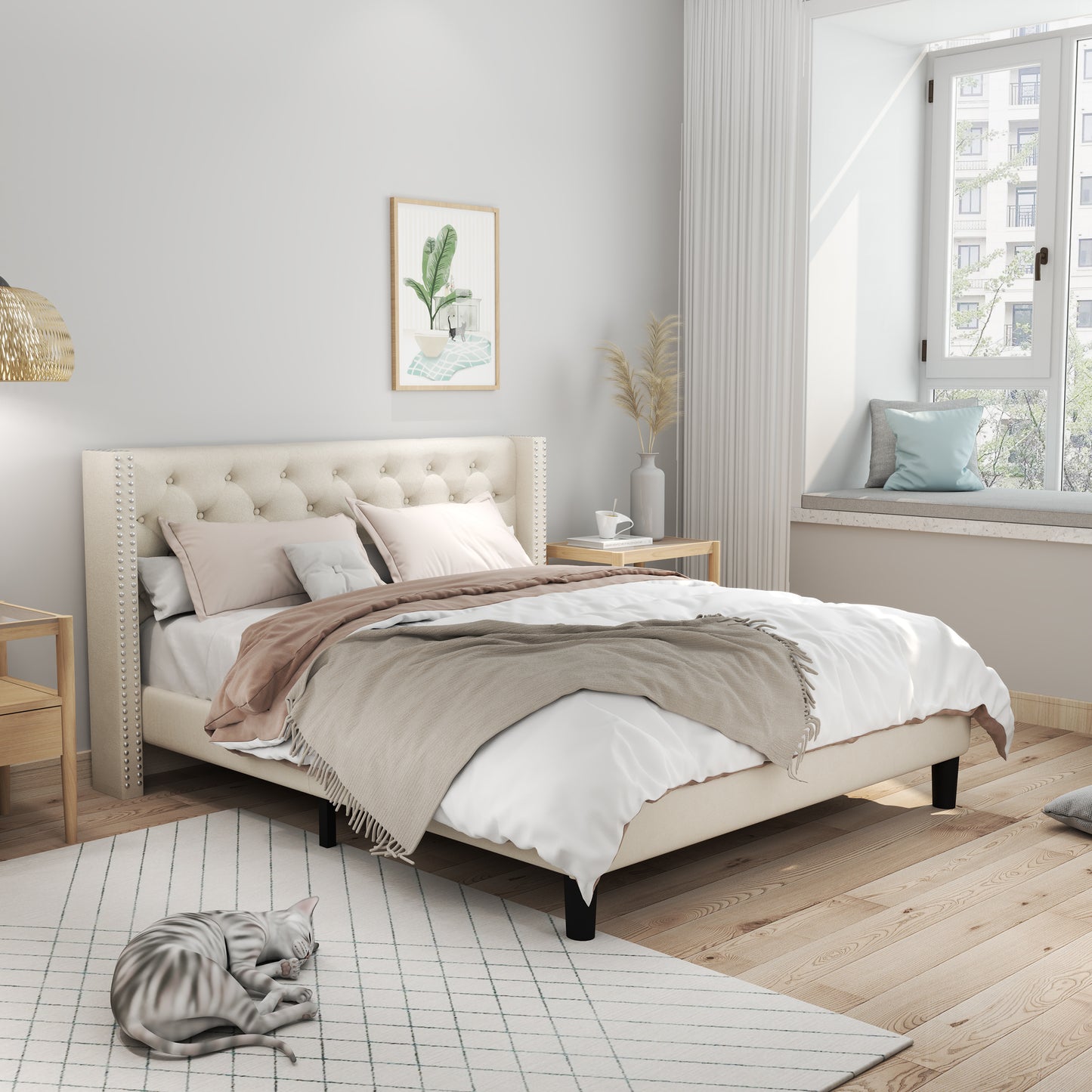 Voss King Size Platform Bed Frame - Beige