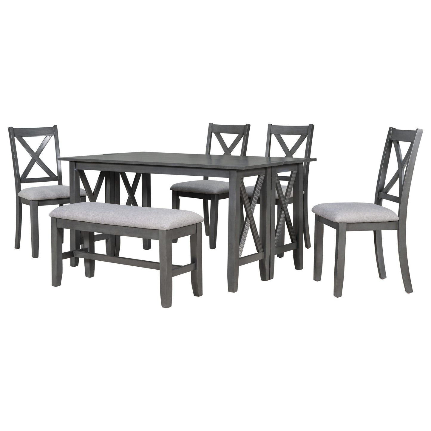 Stella 6pc Dining Set Solid Wood Table 4x Side Chairs And Bench - Gray