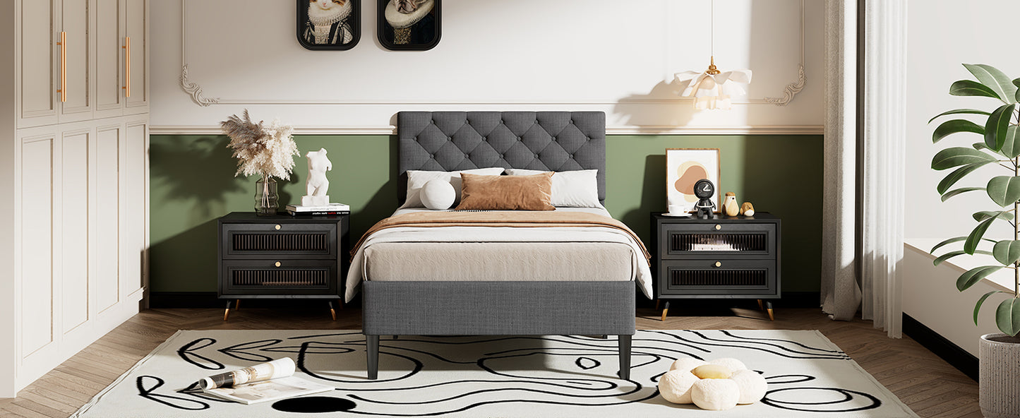 Ukin Twin Size Upholstered Linen Platform Bed - Gray