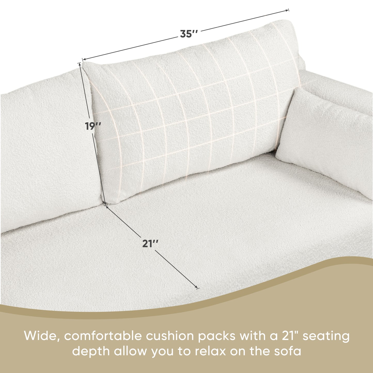 Fabric Sofa with 2 Pillows - White