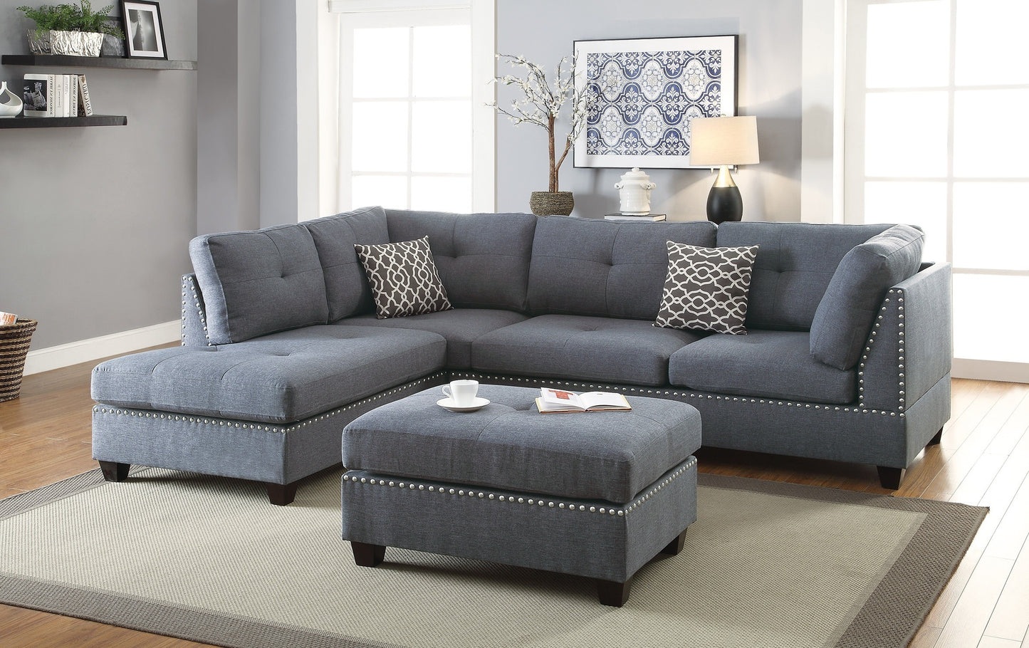 Surya 3pc  Sectional Sofa Polyfiber Cushion Sofa Chaise Ottoman Reversible Couch Pillows - Blue Grey