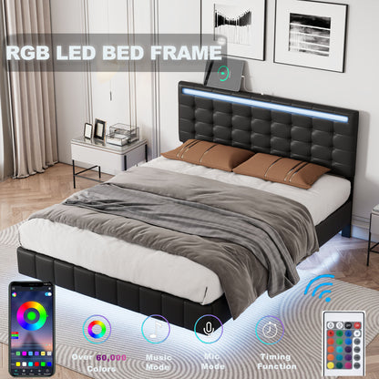 Marc Full Size Floating Bed Frame with LED - Black