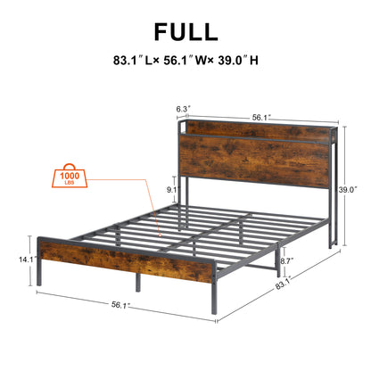 Biony Full Size Metal Bed Frame W Charging Station - Rustic Brown