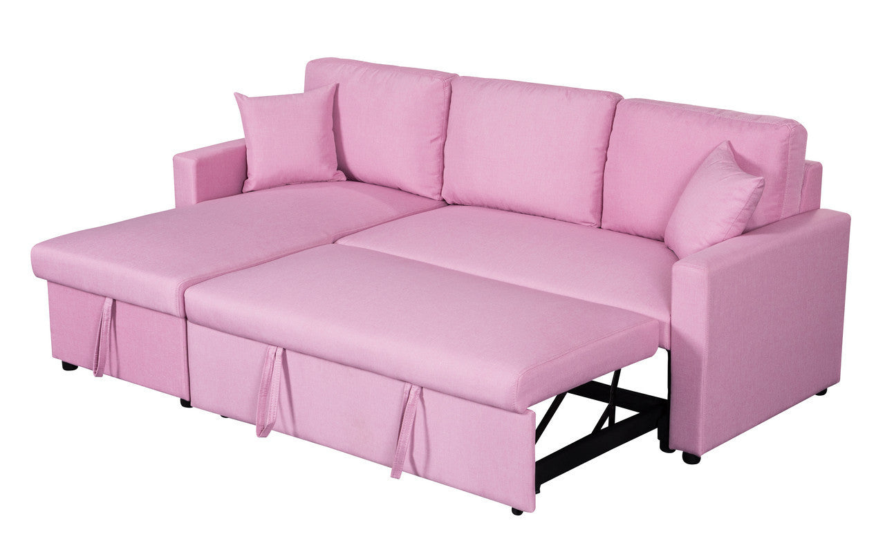 Paisley Linen Fabric Reversible Sleeper Sectional Sofa with Storage - Pink