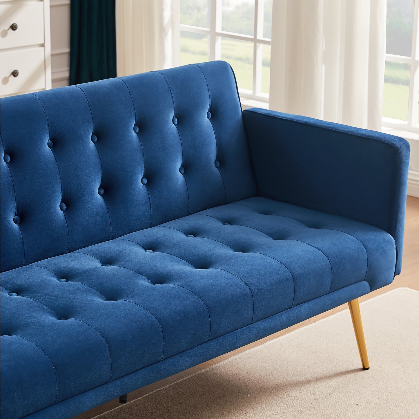 Pix Velvet Upholstered  Convertible Folding Futon Sofa Bed - Blue