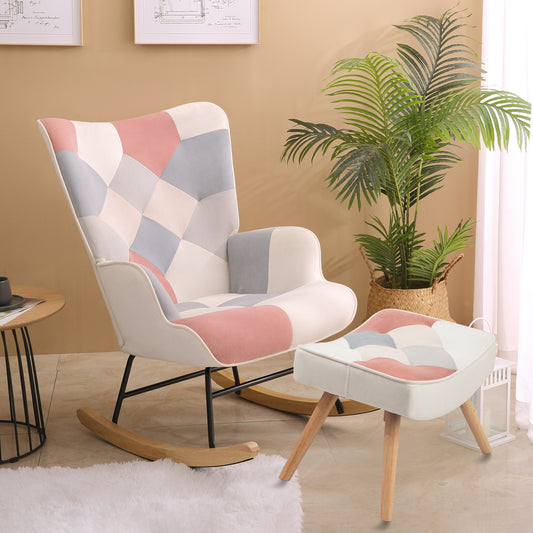 Noble II Patchwork Linen Rocking Chair with Ottoman