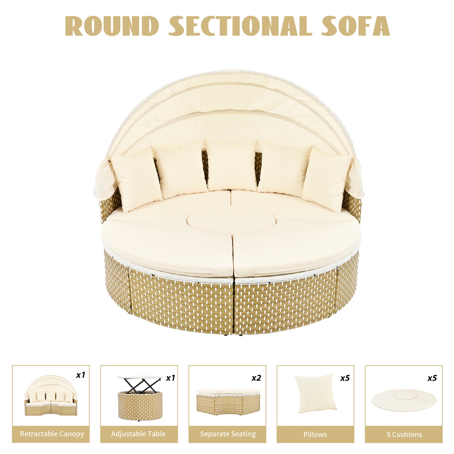 Malena 5 Pc Round Rattan Sectional Sofa Set with Retractable Canopy - Beige