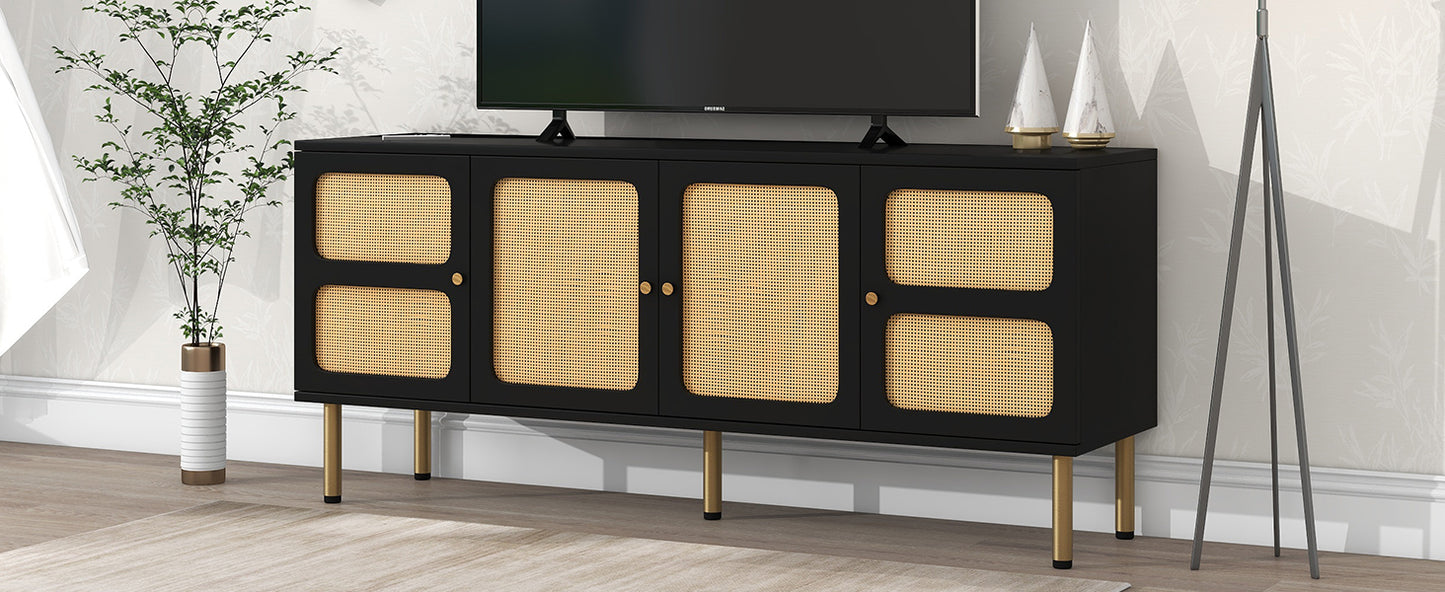 Boho style TV Stand with Rattan Door - Black