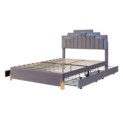 Neco Queen Size Platform Bed with LED and 4 Drawers - Gray