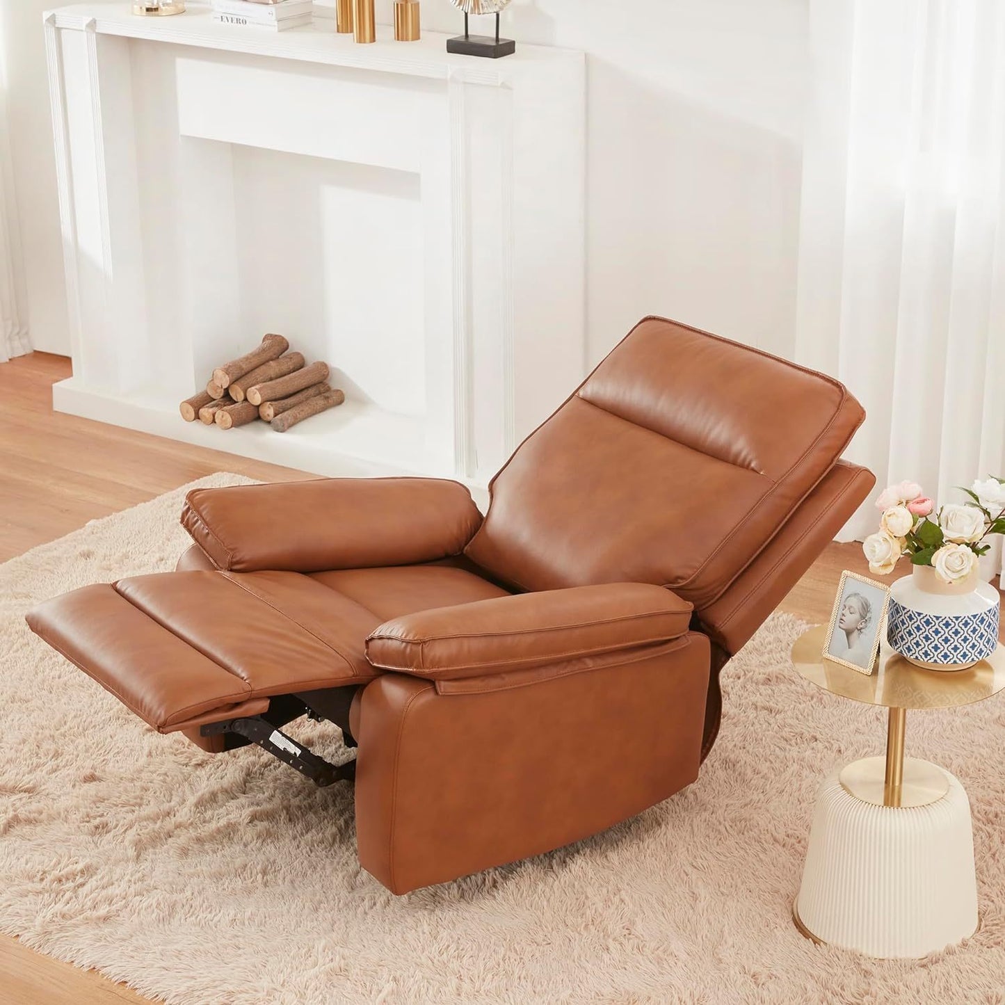 Emma Oversized Leather Power Recliner with USB Port - Caramel