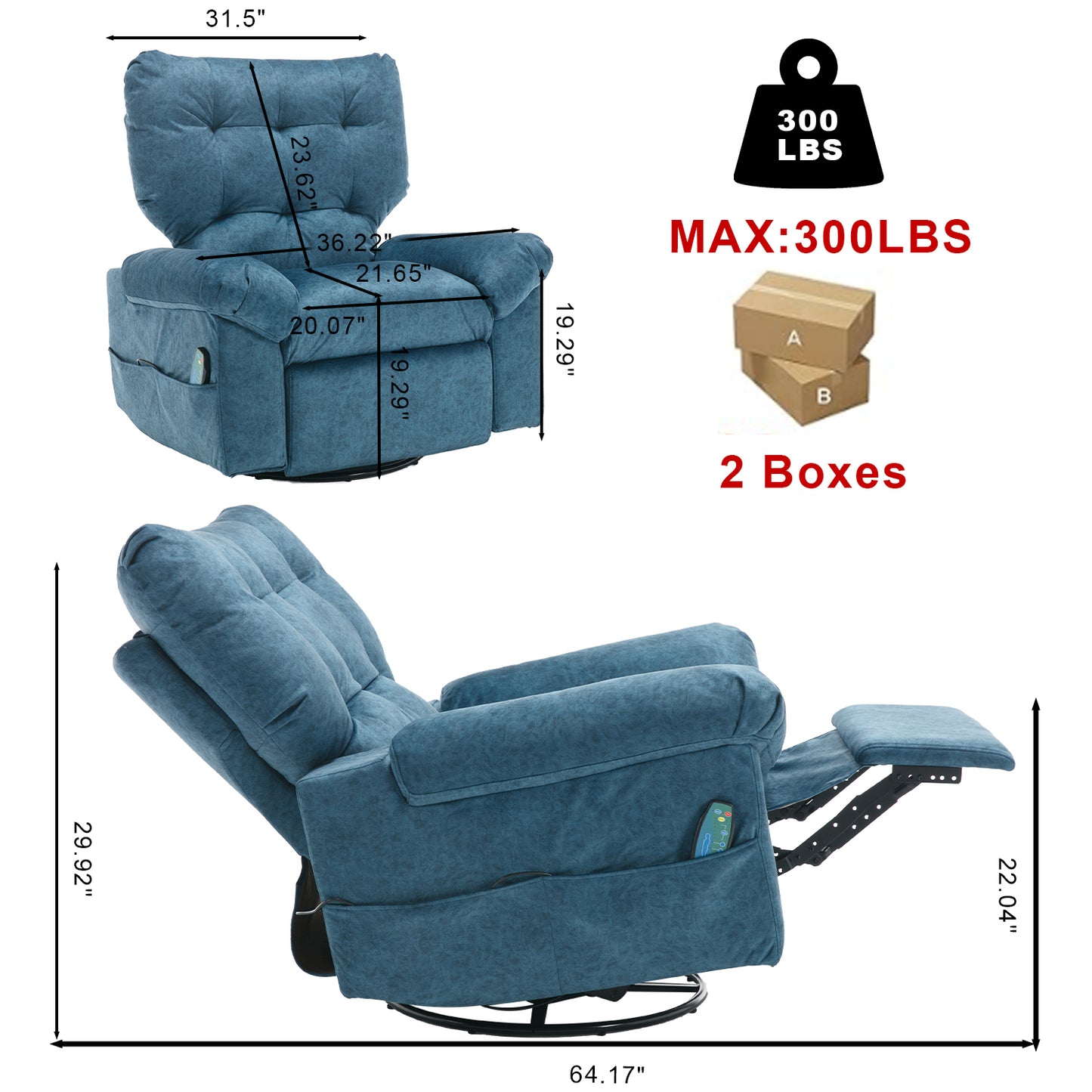 Aria Fabric Rocker Recliner Chair with Massage and Heat - Blue