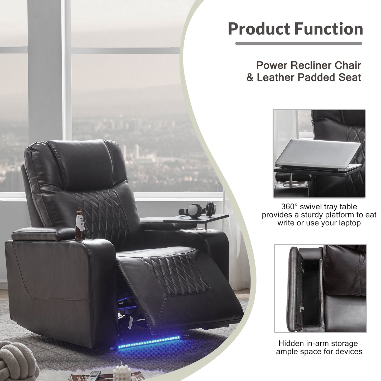 Nest Power Motion Recliner with  360° Swivel Tray - Black