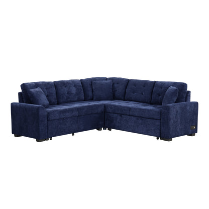 Novak L-shape Sofa Bed Pull-out Sleeper Sofa with Wheels - Navy Blue