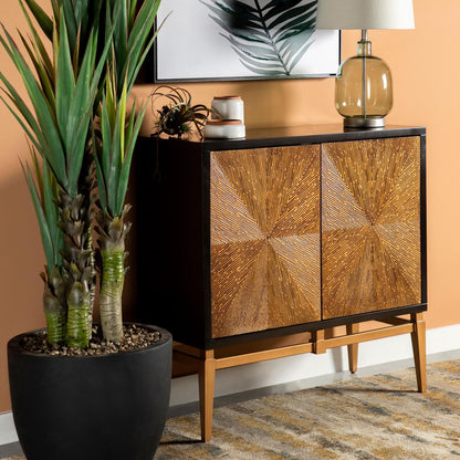 Antique Gold and Brown Sunburst Doors Accent Cabinet