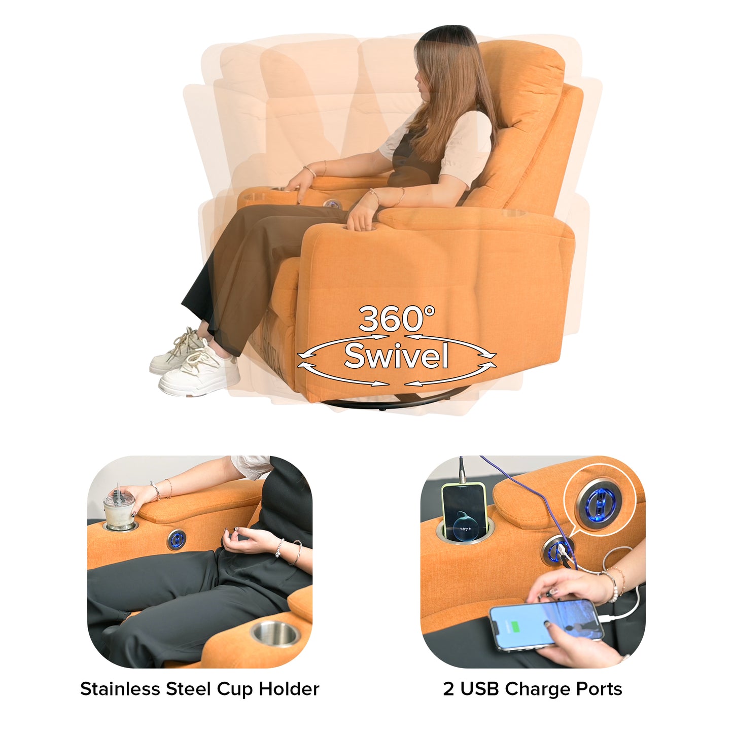 Andersen Swivel Rocking Recliner Sofa Chair - Orange