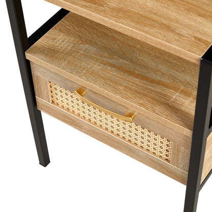 Rattan End table with  drawer Modern nightstand - Natural