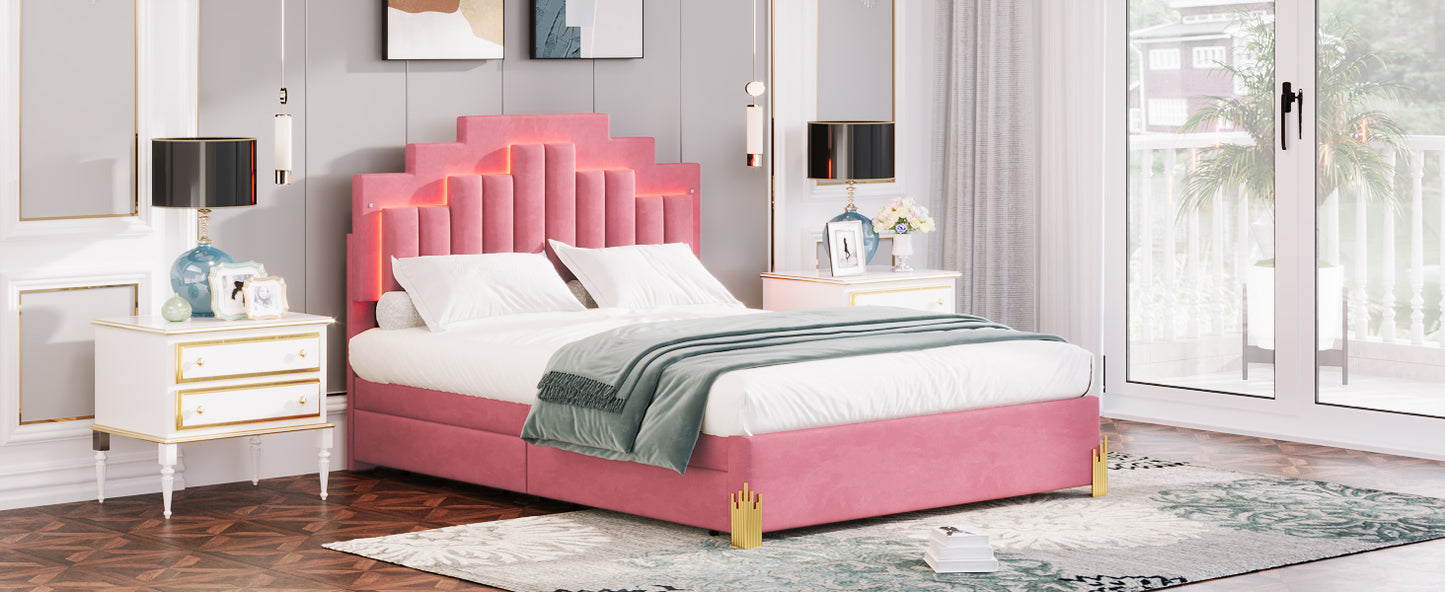 Neco Queen Size Platform Bed with LED and 4 Drawers - Pink