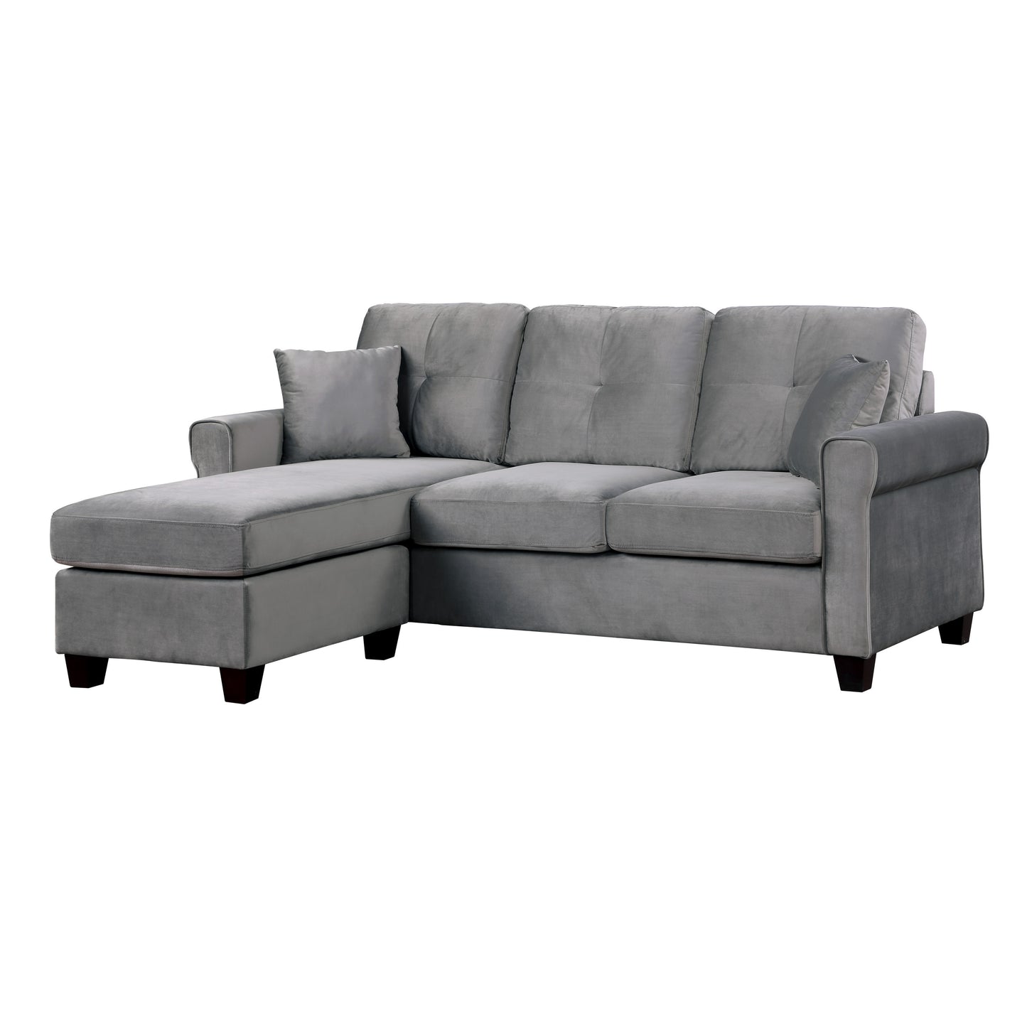 Yuki Reversible  Sectional Velvet Sofa w 2 Pillows - Gray