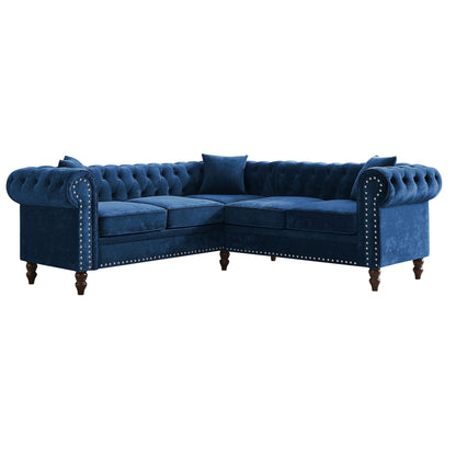 Nest Velvet Button Tufted L-shaped Sofa - Blue