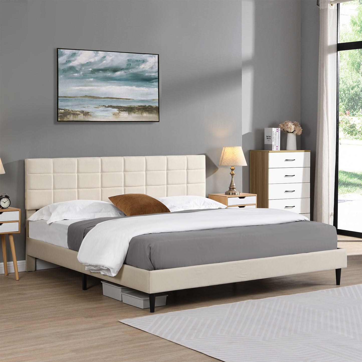 Elegant King Size Platform Bed Frame - Beige