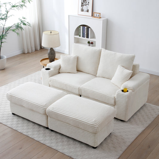 Brianna Loveseat with Ottomans - Beige