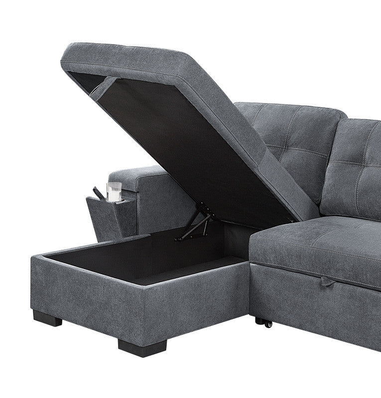 Toby Woven Fabric Reversible Sleeper Sectional Sofa with Storage Chaise Cup Holder USB Ports and Pockets - Gray