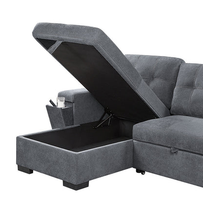 Toby Woven Fabric Reversible Sleeper Sectional Sofa with Storage Chaise Cup Holder USB Ports and Pockets - Gray