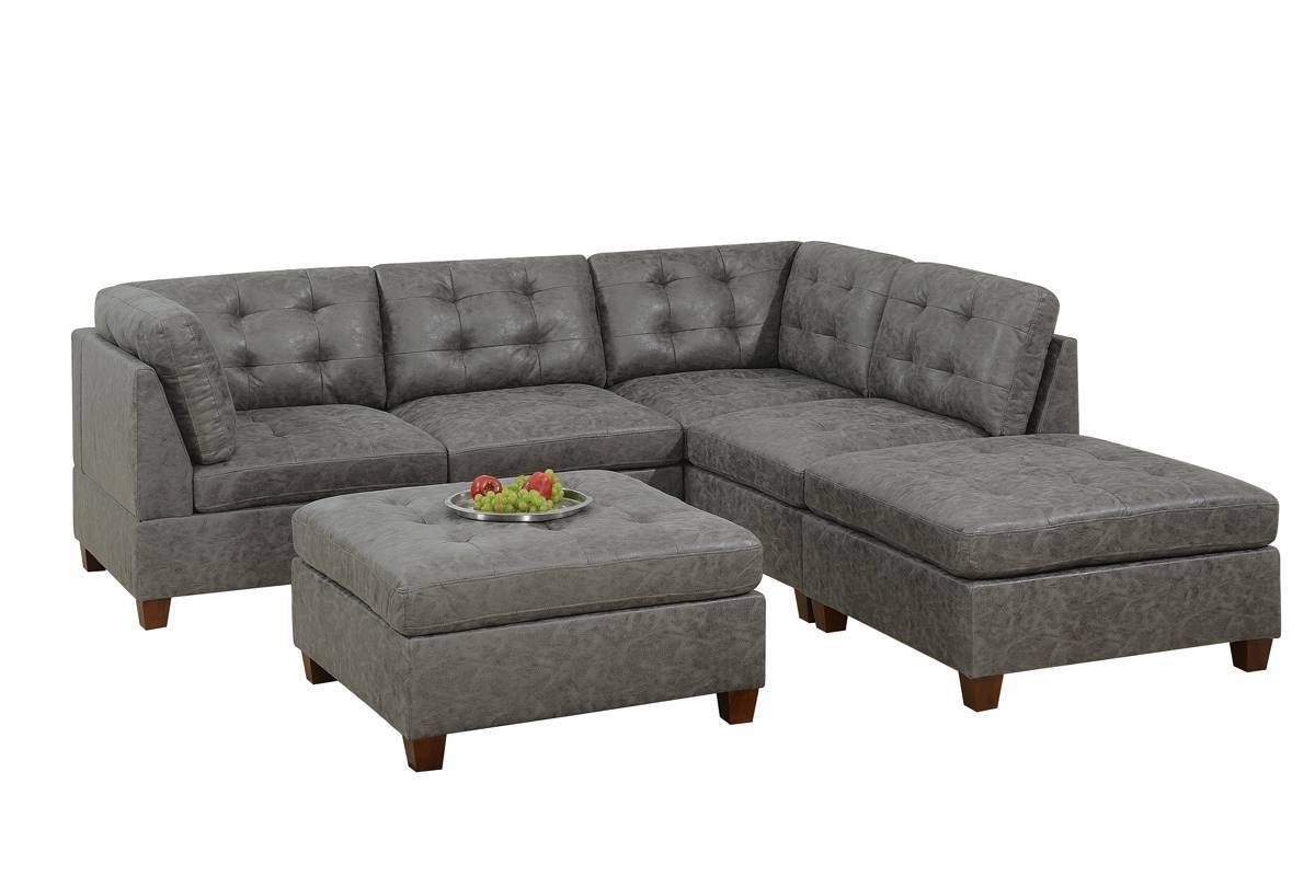 Kata Antique Modular Sectional 6pc Set 2x Corner Wedge 2x Armless Chairs and 2x Ottoman - Grey