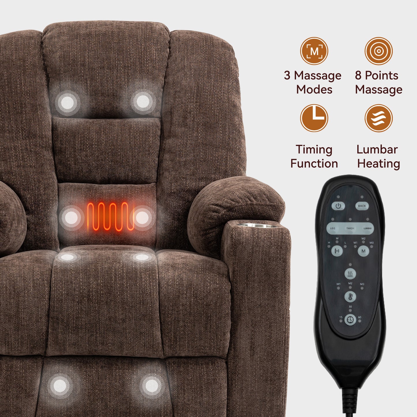 Rico Large Power Lift Recliner Chair with Heat and Massage - Brown