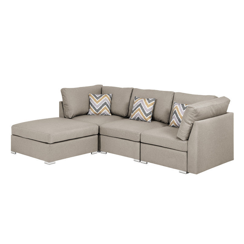 Amira Fabric Sofa with Ottoman and Pillows - Beige