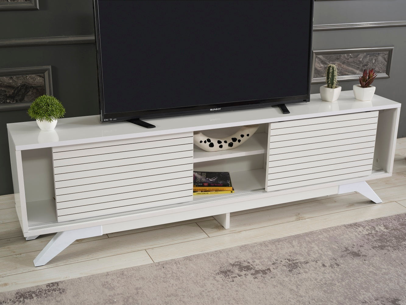 Luxia Mid Century Modern TV Stand 2 Sliding Door- White