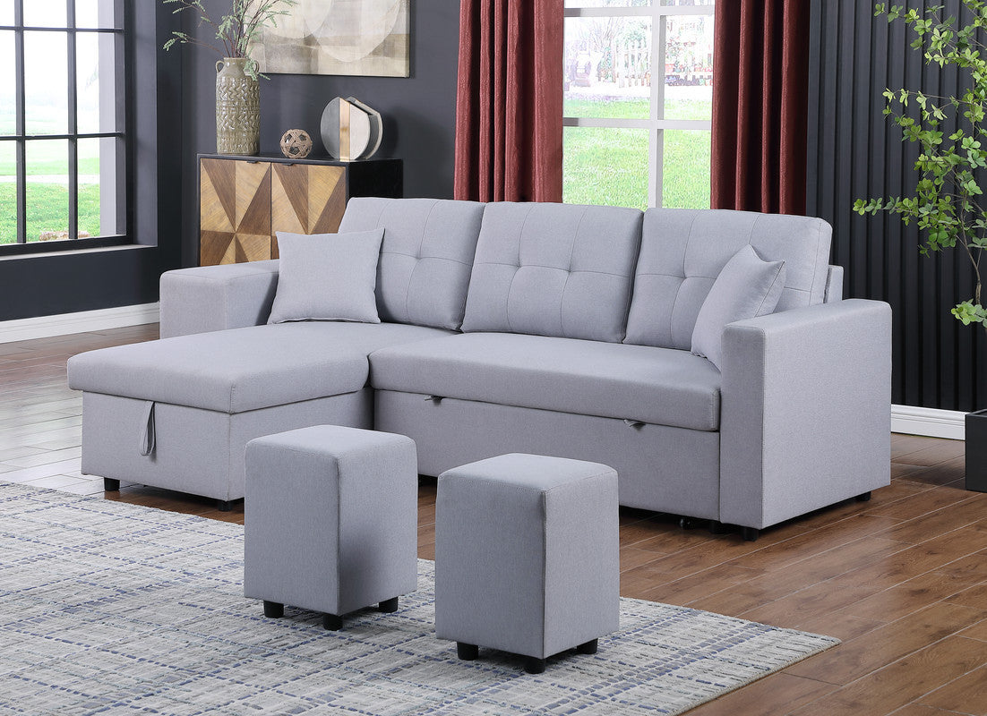 Dennis Fabric Reversible Sleeper Sectional with Storage Chaise and 2 Stools - Light Gray