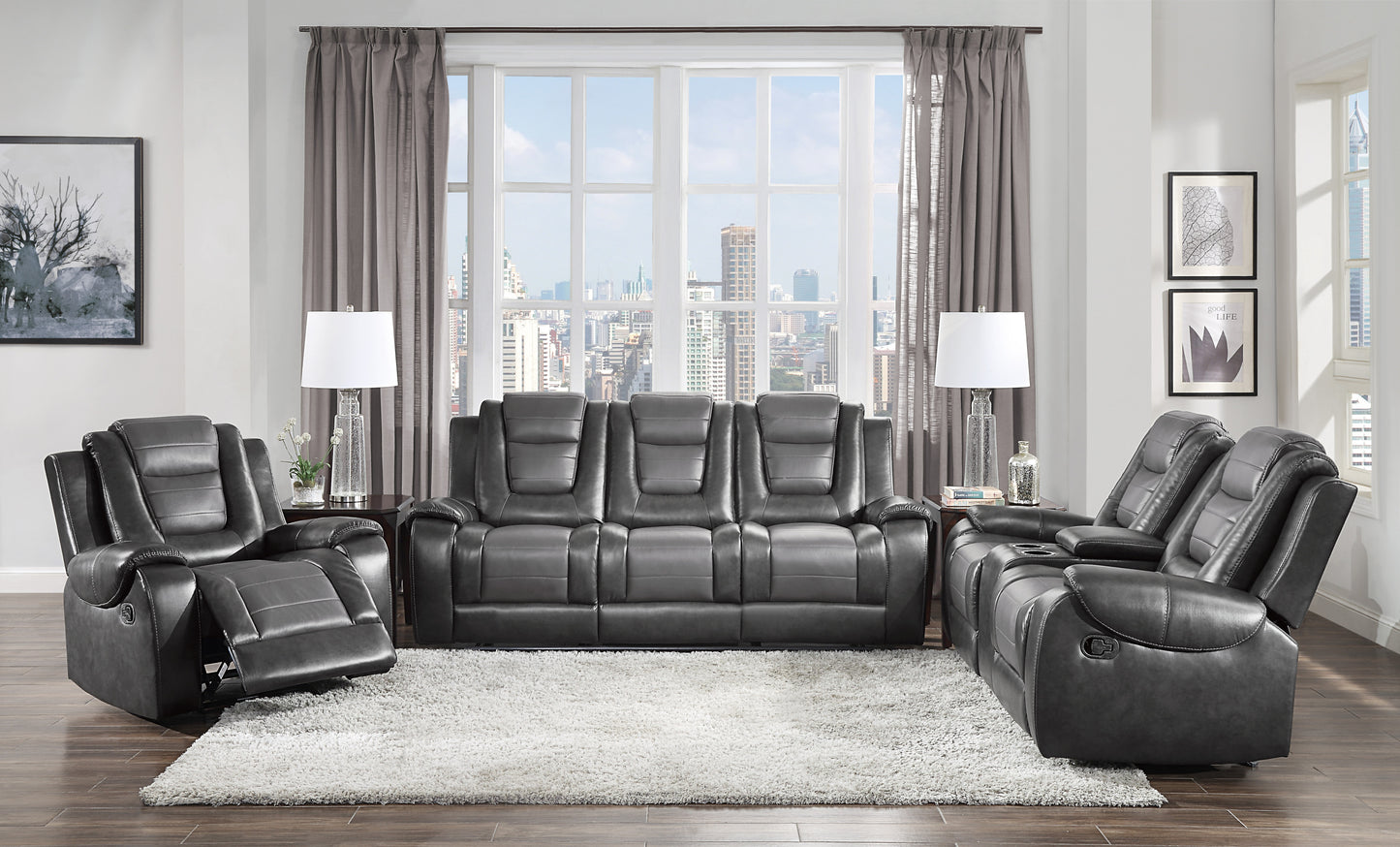 Lozano Loveseat Dual Glider Reclining with Center Console - Dark Gray+Light Gray