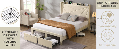 Craven Queen Size Bed Frame with 2 Storage Drawers - Beige