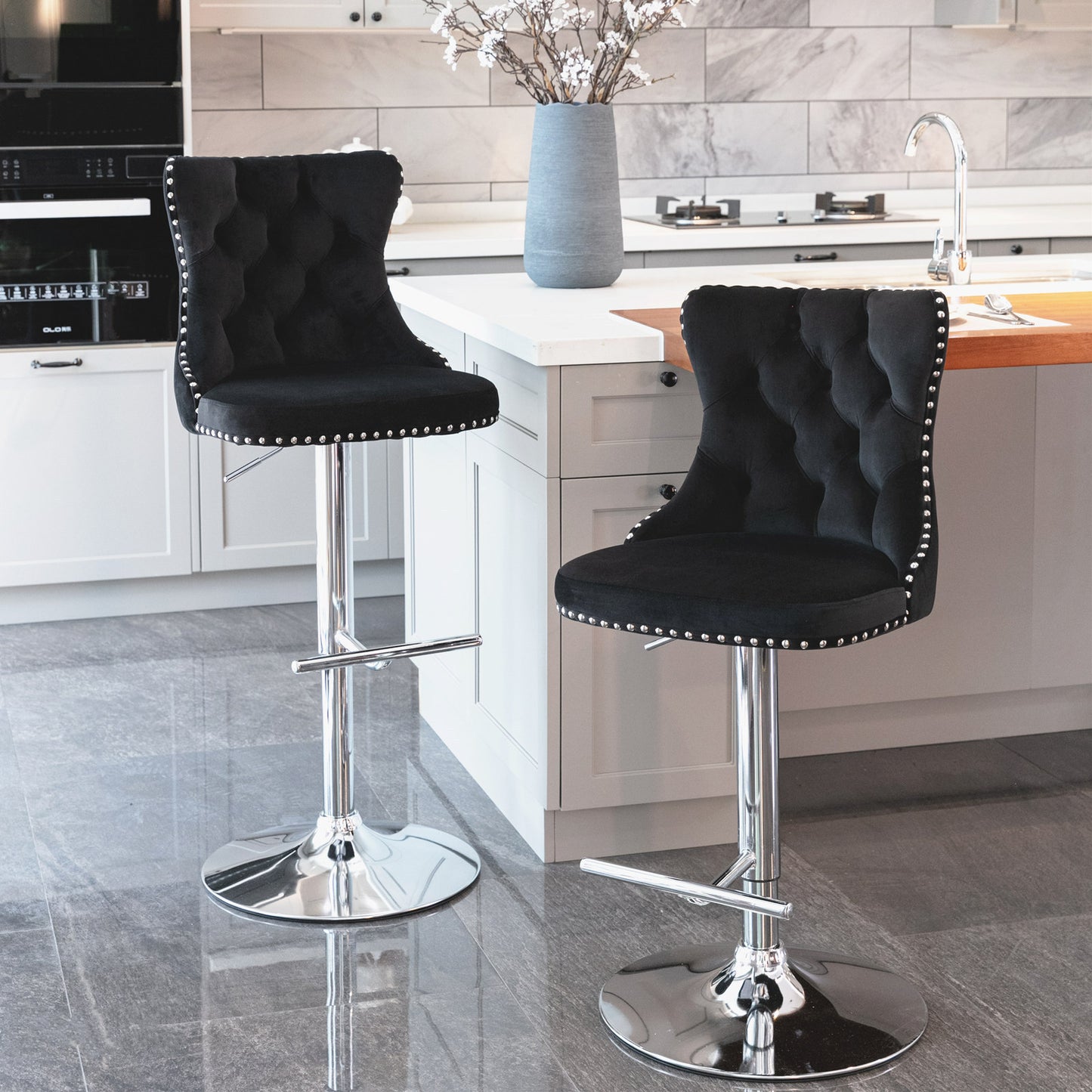 Rise 180 Velvet Barstools Adjusatble Seat Height - Black Set of 2