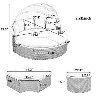 Malena 5 Pc Round Rattan Sectional Sofa Set with Retractable Canopy - Gray