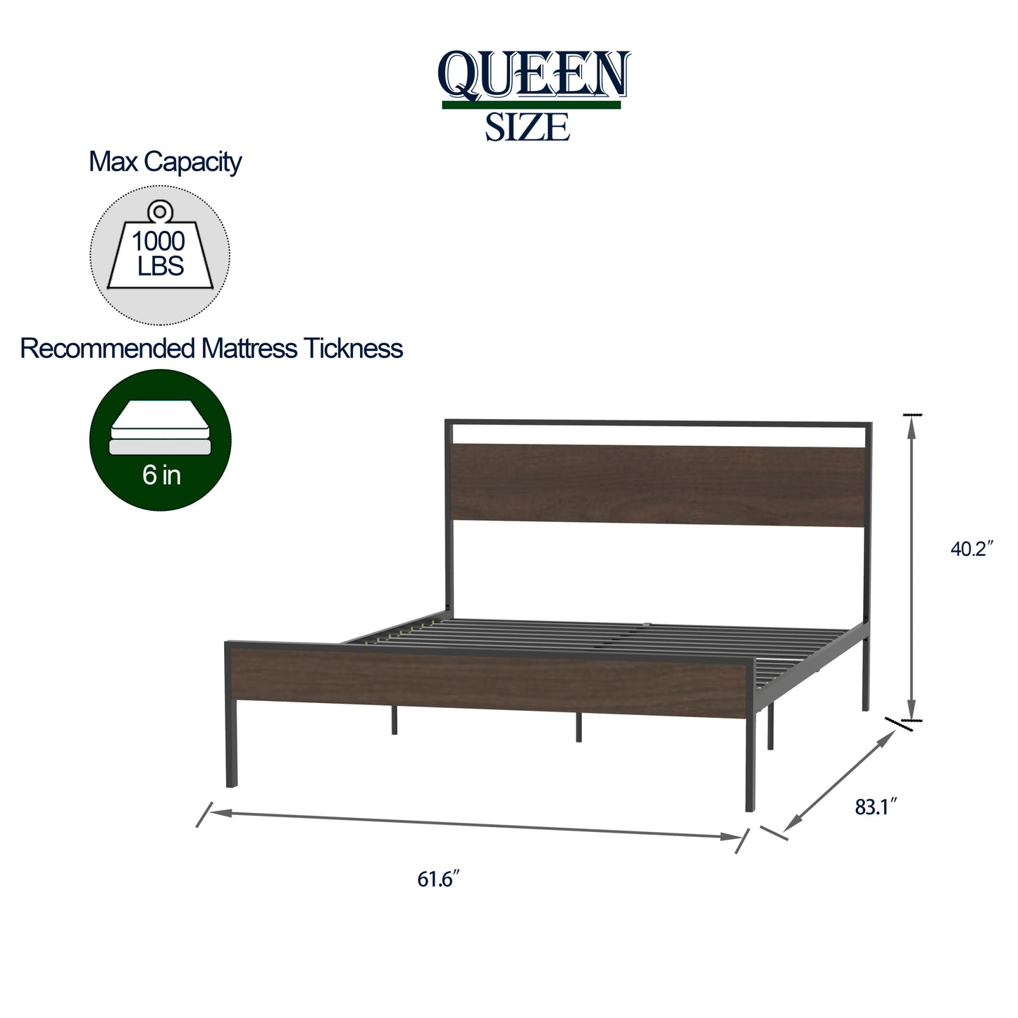 Ceres Queen Size Metal Bed - Walnut