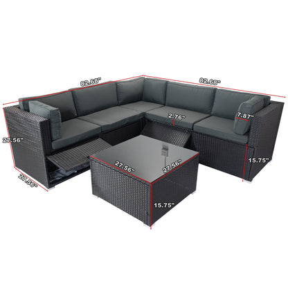 Nana 6 Pc Outdoor Patio Rattan Sectional Sofa Set - Black