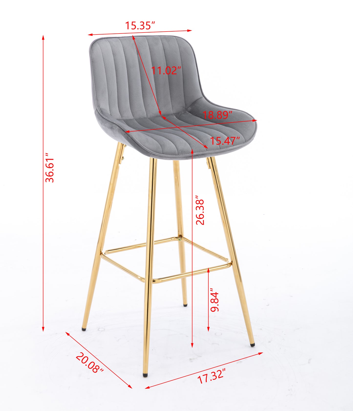 26 Inch Vista Bar Stools with Chrome Footrest  Velvet Fabric  Golden Leg - Gray  Set of 2