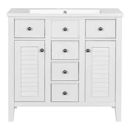 Bathroom Vanity with Ceramic Basin, Two Cabinets and Five Drawers - White