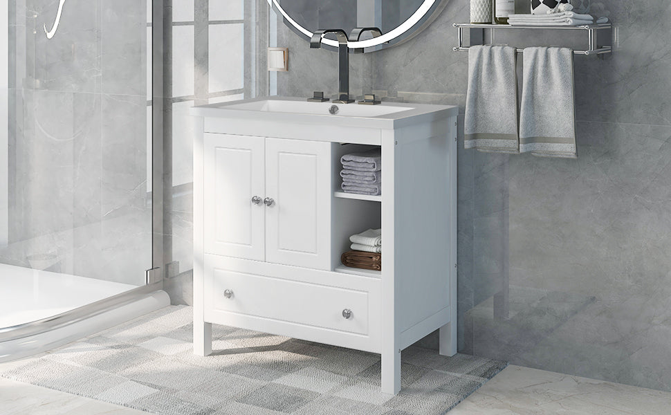 Wooden Bathroom Vanity with Ceramic Sink - White