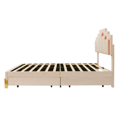 Neco Queen Size Platform Bed with LED and 4 Drawers - Beige