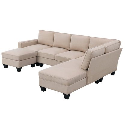 Vortex 7-seat Linen Fabric L-shaped Sectional Sofa - khaki