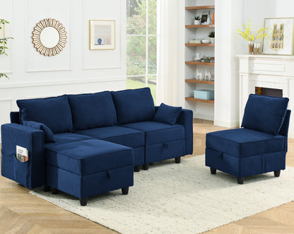 Temo Modular Velvet Sectional Sofa Set - Navy Blue