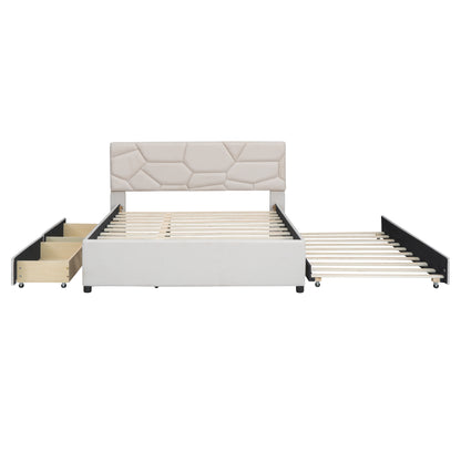 Brick Queen Size Platform Bed with 2 drawers and Twin Size Trundle - Beige