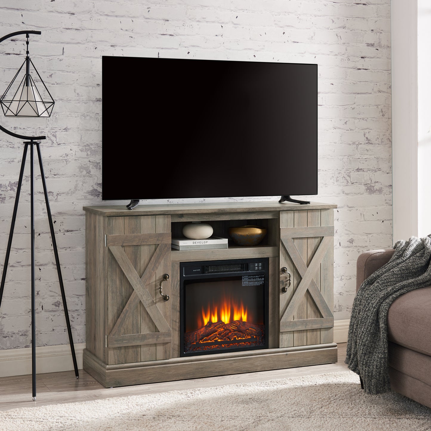 Utopia II Media TV Stand Entertainment Console with Electric Fireplace - Gray