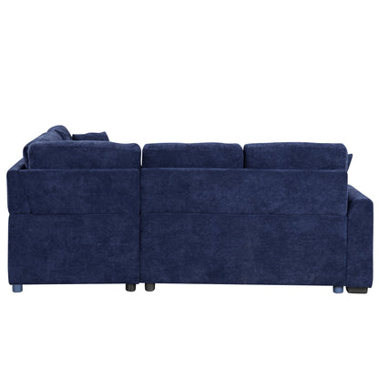 Novak L-shape Sofa Bed Pull-out Sleeper Sofa with Wheels - Navy Blue