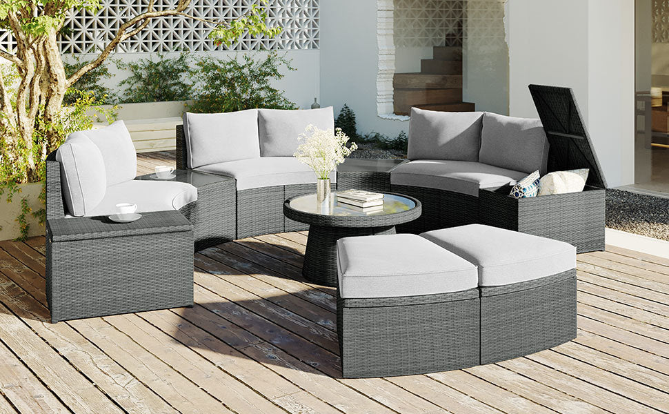 Clarkson 10 Pc Patio Rattan Half Round Sectional Sofa Set - Light Gray