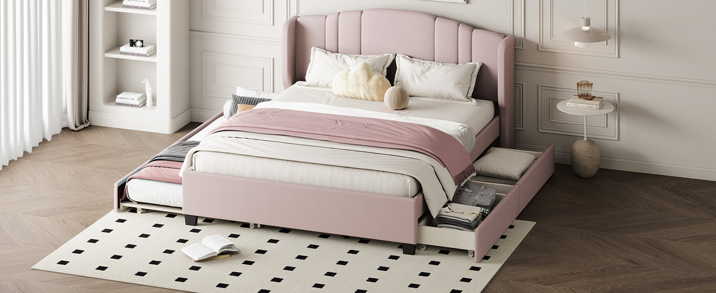 Mali Queen Size Platform Bed with Wingback Headboard - Pink